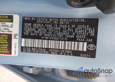 2013 Toyota Camry Le из США, поврежденный, VIN 4T1BF1FKXDU712113